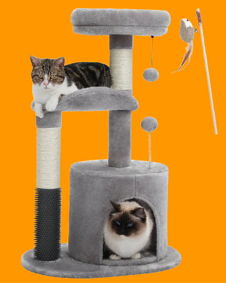 32.7" Small Cat Tree Tower with Scratching Posts, Kitten Condo, and Self-Grooming Toy, Gray